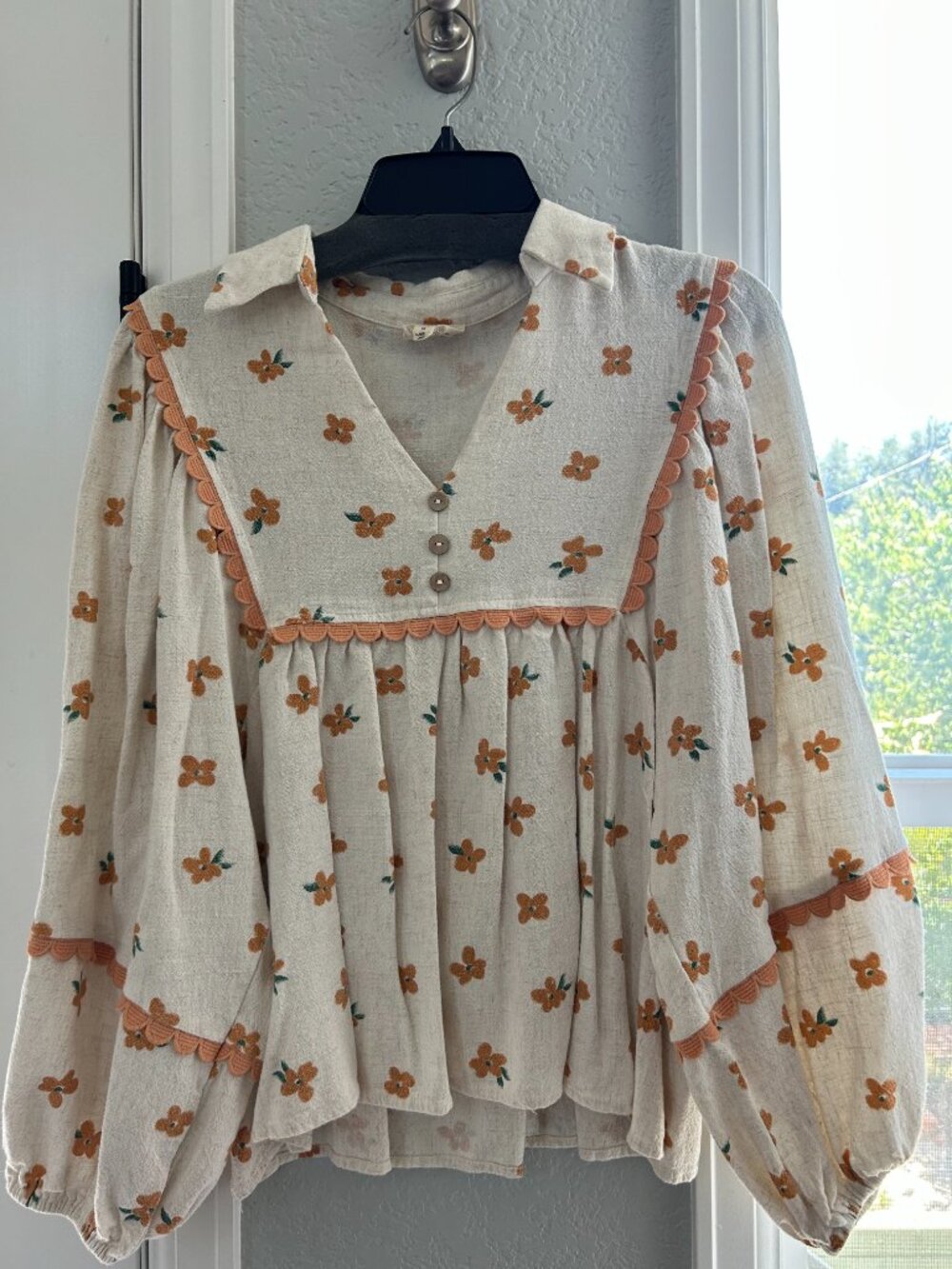 BIB Floral Prairie Babydoll Blouse Peter Pan Collar Puff Sleeve M